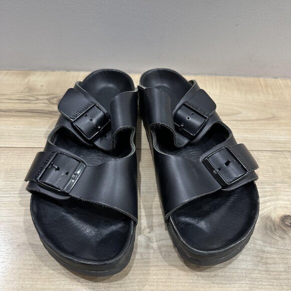 Birkenstock Arizona Shoes Mens Size 6 Womens 8 Black Two Strap Sandals Germany - Picture 1 of 8